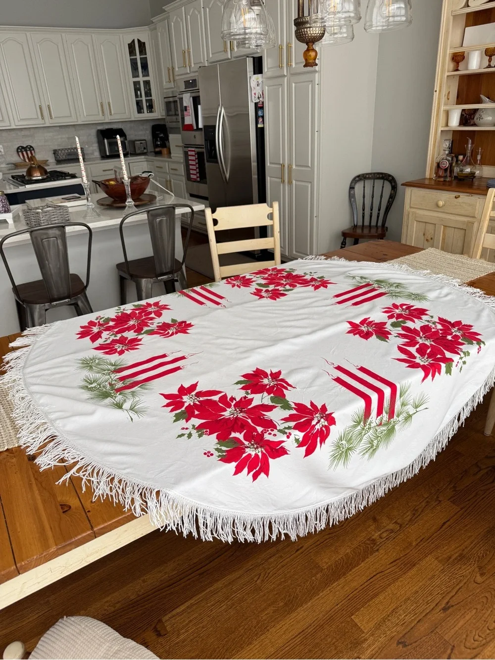 Round Christmas Tablecloth 62” Poinsettia Candle Fringe Mid Century Holiday